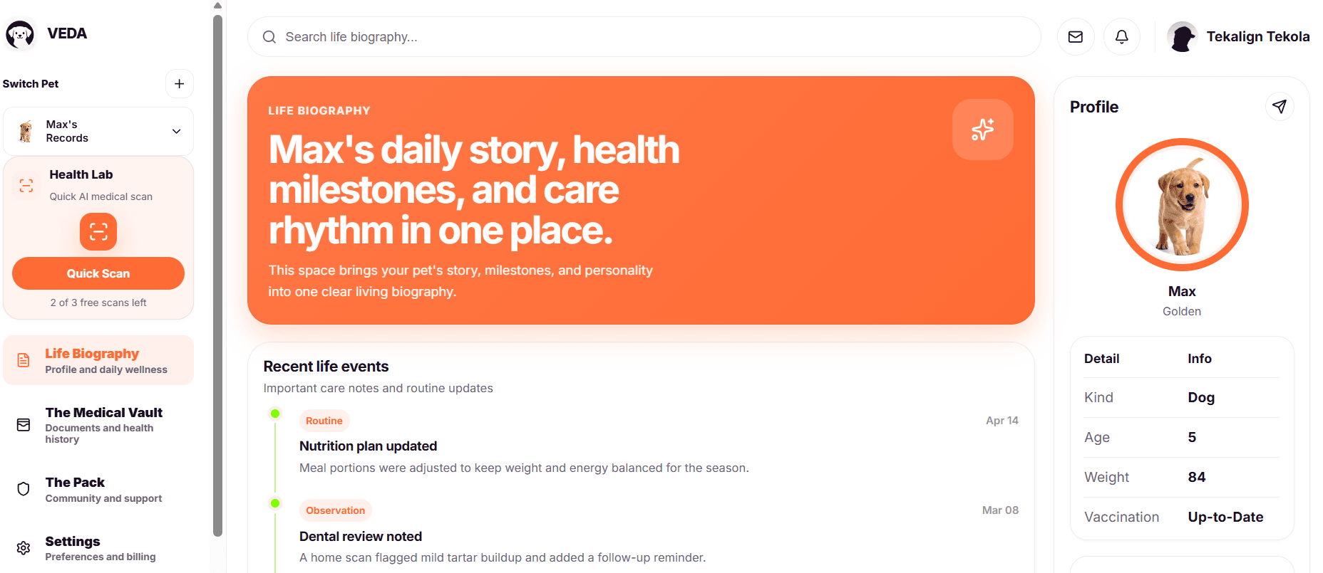 YOURPET dashboard showing organized pet medical information